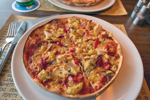 Pizza Vegetaria served in the restaurant, Bavaria, Germany, Europe
