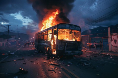 Fictitious street scene, a burning bus, chaos, anarchy, escalation of violence, civil war-like