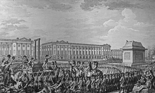 Execution by guillotine in 1793 of Louis Capet, Louis XVI, last king of France at the Place de la