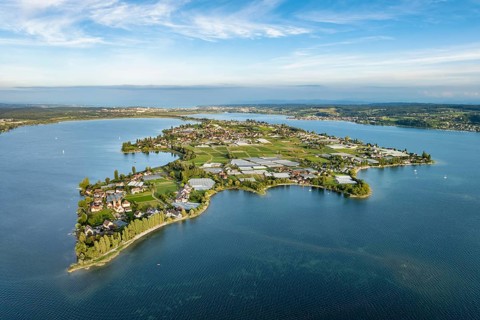 Aerial view, of the north-western tip of the island of Reichenau in Lake Constance, with the