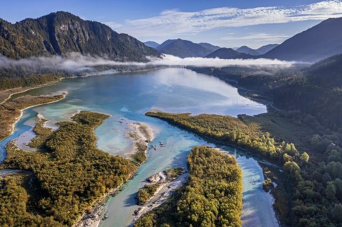 Aerial view of a mountain lake in autumn, morning light, backlight, Sylvensteinsee, Karwendel