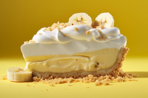 Slice of banana cream pie on yellow background. KI generiert, generiert, AI generated