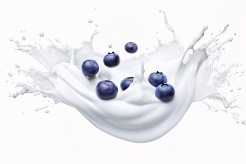 White milk or yogurt splash with blueberry fruits. KI generiert, generiert, AI generated