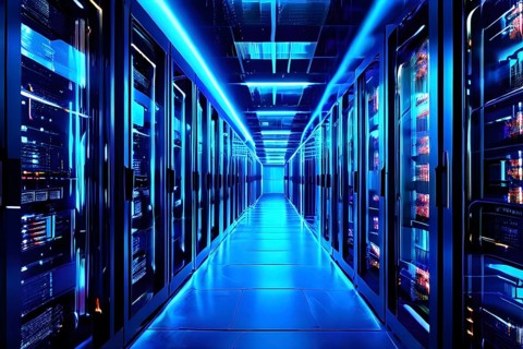 Modern server room teeming with racks of servers, AI generated