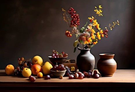 Still life scene of a simple wooden table with a vase of dried flowers, a few ceramic bowls, and