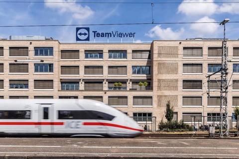 TeamViewer Deutschland GmbH, software company. Company headquarters with logo at the main railway