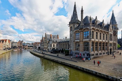 Former Post Office building on the Graslei along the Lys River, Ghent, Flanders, Belgium, Europe