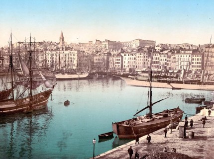 The old harbour, Vieux Port, with Hotel Dieu Hospital in the background, Marseille, France, c.