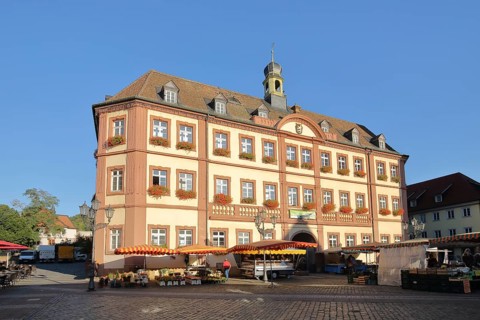 Baroque town hall on the market square and market stalls in Neustadt an der Weinstraße,
