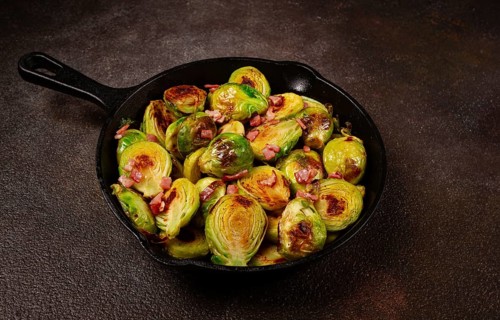 Roasted brussels sprouts, with bacon, vegetarian food, homemade, no people