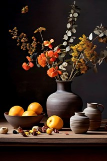 Still life scene of a simple wooden table with a vase of dried flowers, a few ceramic bowls, and