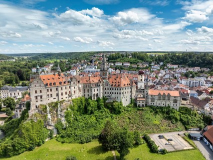 Aerial view of Hohenzollern Castle above the old town, Sigmaringen district, Swabian Alb,