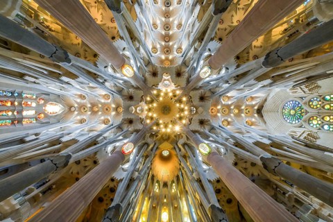 Vaulted ceiling, columns, Sagrada Familia, Basilica by Antoni Gaudi, Barcelona, Catalonia, Spain,