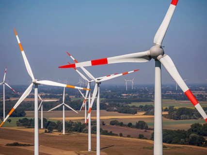 Wind farm near Anklam, drone photo of wind turbines, Sarnow, Mecklenburg-Western Pomerania,