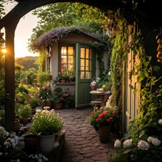 Plain Little tiny house in a floral garden with blooming flowers, AI generated