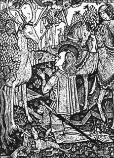 St Hubert of Liège in front of the stag with Christ on its antlers