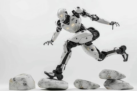 Futuristic humanoid cyborg running and jumping over rocks in front of a white background, AI