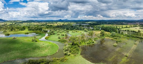Aerial view, panorama of the Radolfzeller Aachried with the Radolfzeller Aach at high water, on the