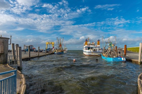 Ferry harbour Strucklahnungshörn, peninsula Nordstrand, fishing cutter, excursion boat, ferry dock,