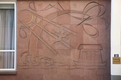 Sandstone relief on Domplatz, red, biblical, parable, ark, Noah, dove of peace in the old town,