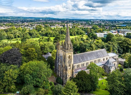 Llandaff Cathedral from a drone, Cardiff, Pembrokeshire, Wales, England, United Kingdom, Europe