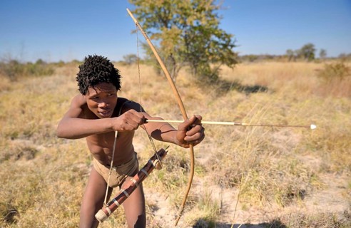 Bushman of the Ju/' Hoansi-San with bow and arrow while hunting, village //Xa/oba, near Tsumkwe,