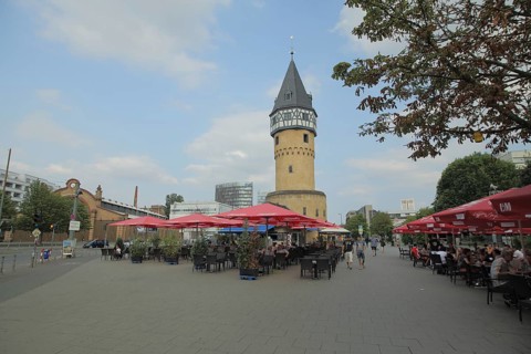 Bockenheimer Warte with street pub, Bockenheim, Main, Frankfurt, Hesse, Germany, Europe