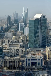 View from Al Faisaliah Tower over the skyline with the Kingdom Center, Riyadh, Saudi Arabia, Asia