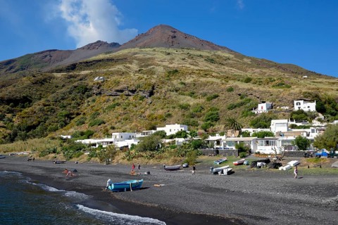 Black volcanic beach near Stromboli, island of Stromboli, Lipari Islands, Italy, Europe