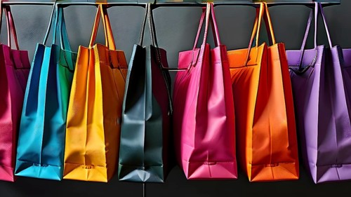 Assorted vibrant shopping bags lined up in front of a grey background, AI generated