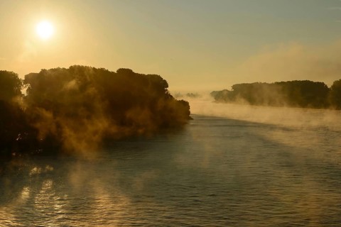 Rhine at sunrise, Speyer, Rhineland-Palatinate, Germany, Europe