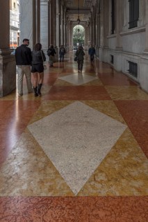 Arcade with fabulous tile floor of the Banca d'Ìtalia, Genoa. Italy