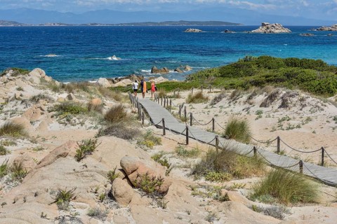 Boardwalk leading to Cala Trinita, La Maddalena island, Gallura region, Sassari Province, Sardinia,