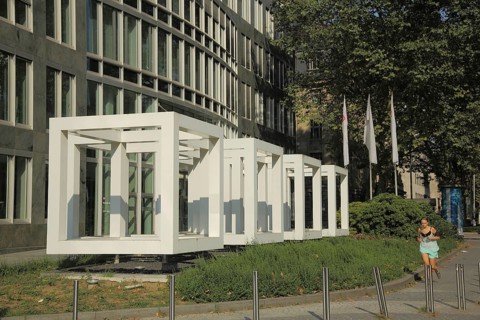 Sculpture Open Cubes by Sol LeWitt 1991, modern, art, cubes, into each other, row, Gallusanlage,