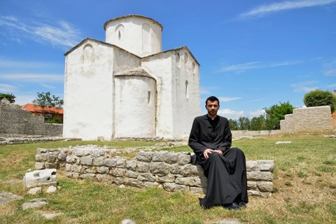 Pastor Župnik don Božo Baricic in front of the Church of the Holy Cross, Crkva svetoga Križa, 9th