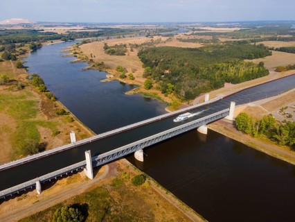Drone shot, excursion boat on the Mittelland Canal, Magdeburg waterway junction, canal bridge,