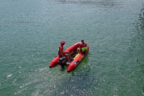 DLRG inflatable boat, Göhren, Rügen Island, Mecklenburg-Vorpommern, Germany, Europe