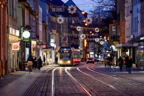 Tramway on Pfinztalstraße, Christmas lights, Karlsruhe-Durlach, Baden-Württemberg, Germany, Europe