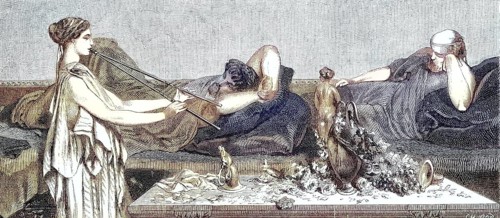 Siesta, sleeping men and a servant with a flute, 1869, Greece, Historic, digitally restored