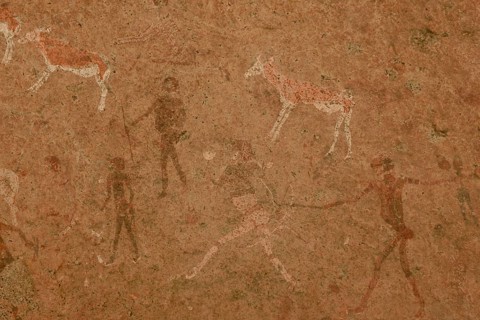 White Lady rock drawing, famous rock painting in the Tsisab Gorge, Brandberg, Erongo region,