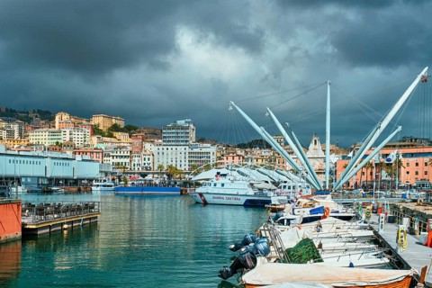 Genoa, Italy, April 26, 2019: Port of Genoa (Genova) Old Port Porto Antico with yachts and boats