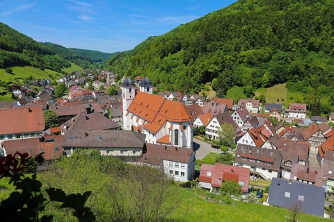 View of St. Cyriakus collegiate church built in 1466, sacral building, church towers, church,