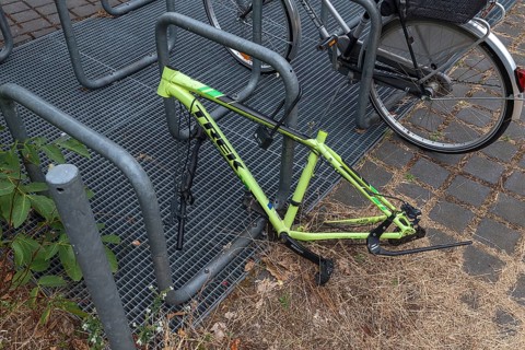 Bicycle theft, Theft, Stolen parts of a bicycle on a bicycle stand, Bavaria, Germany, Europe