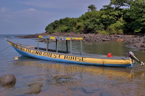 Colourful excursion boat, Banana Islands, Sierra Leone, Africa