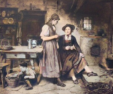 Two friends talking in the kitchen while a boy lets a hen out of the basket, Historical, digital