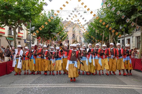 Group in traditional clothing, Moors and Christians Parade, Moros and Cristianos, Jijona or Xixona,
