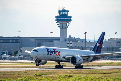 Cologne-Bonn Airport, FedEx Boeing 777, on take-off, German Air Traffic Control Tower, Cologne,