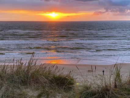 Sunset over the sea with waves on a sandy beach, framed by tufts of grass in the foreground,