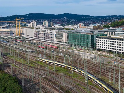 Track apron at Stuttgart Central Station with the functional buildings of the Europaviertel. After