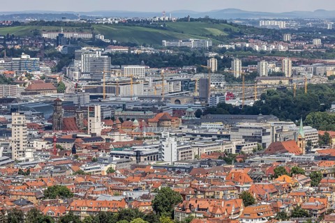 City view of Stuttgart. View of the city centre with the central sights such as the collegiate
